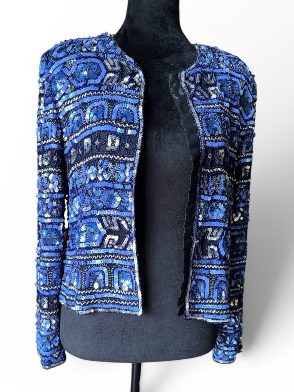 Papell Boutique Evening Vintage Silk Beaded Sequin Jacket Blue Black 10P